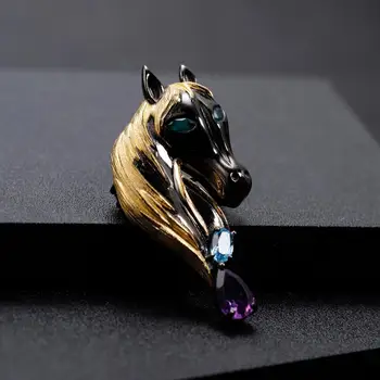 GEM BALET Ručné Moderné Kôň Prívesok Brošňa 925 Sterling Silver Šperky Pre Ženy Prírodné Ametyst Sky Blue Topaz Drahokam