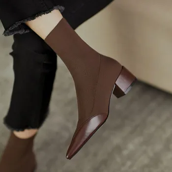 Topánky ženy ponožka-boot Kožené členok Patent kožené členkové topánky vysoké podpätky, topánky pre ženy