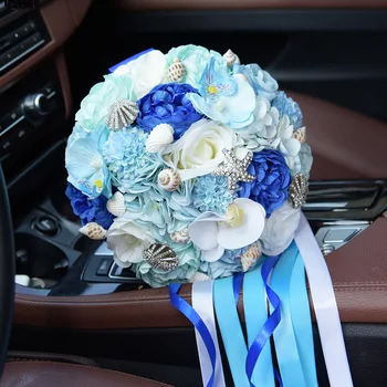 Luxusné Svadobné Kytice Modré Kvety Kamienkami so Stuhou Umelé Kytice Nevesty Lehátko Longue Ruže Svadobné Kvety