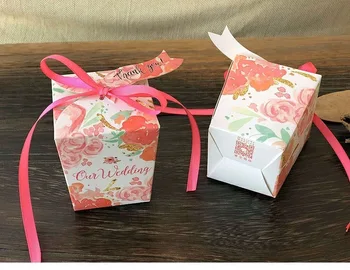 50pcs Európskej Krásne ružový Kvet kvetinový Lichobežníka Candy Okno so stuhou Ďakujem značky Strany Svadobné Prospech darčekové krabice