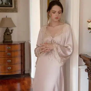 SXTHAENOO Jar a na Jeseň ročníka palác sexy nightdress s dlhými rukávmi hodváb luk šaty a Pyžamá ženy пижама женская