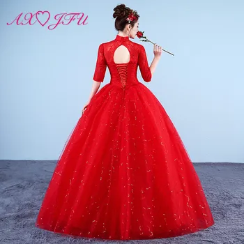 AXJFU princezná kvet zlaté, červené svadobné šaty vintage strany vysoká krku turecko polovičný rukáv plesové šaty, biele čipky svadobné šaty