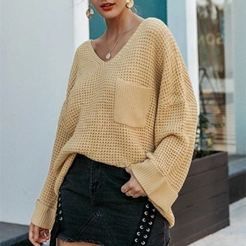 Ashley Bežné ženy pletený pulóver Voľné štýl ostrihané dlhý pulóver svetre O-krku vrecku ženské vonkajšie jumper streetwears