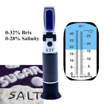 Refraktometer ručný Cukor, Soľ Meter Refraktometer Sladký Krém Tester Šťava Potraviny Detektor 0-28% Soľ 0-32% Brix Hrozna ATC