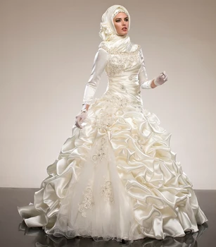 Saudská Arábia Dlhý Rukáv Moslimských guľové Šaty vestido de noiva Volánikmi Crystal Lištovanie svadobné Šaty 2018 matka nevesty šaty