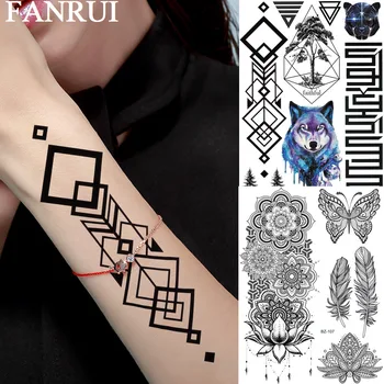 FANRUI Geometrické Galaxy Vlk Borovice Mužov Dočasné Tetovanie Nálepky Čierny Remienok Falošné Tetovanie List Minimalistický Body Art Pás Chlapec
