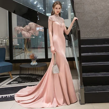 SSYFashion Nový High-end Večerné Šaty Luxusné Ružová Morská panna s Vysokým krku Crstal Lištovanie Fishtail Dlho Formálne Šaty Vestidos De Noche