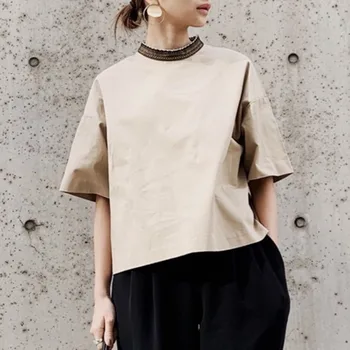 Kórejský Japonsko Bežné T-Shirt Ženy Voľné Topy 2020 Letné Krátke Sleeve Stand Golier Žena Tee Tričko Office Lady Jeseň Mladých