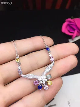 Prírodné multicolor sapphire Prívesok náhrdelník S925 striebro Prírodný drahokam náhrdelník Módne Kvet pobočky žena svadobné šperky