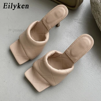 Eilyken 2021 Dizajn Značky Ženy Papuče Elegantné Štvorcové Prst Tenké Vysoké Podpätky, Letné Vonkajšie Pláži Listov Topánky Dámske Sandále