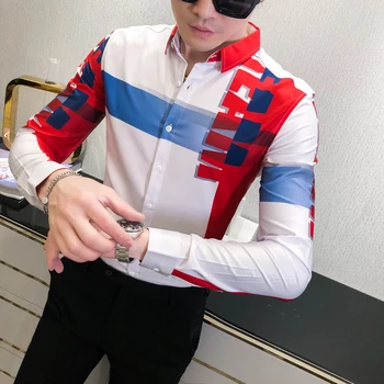 Fancy Nepravidelný Farba Pozdĺžne Tričko Mužov Futuristické Vytlačené 2020 Jeseň Tričko Mužov Bežné Nočný Klub Kórejské Oblečenie Slim Fit Košeľa