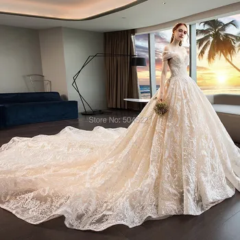 Mimo Rameno Luxusné Svadobné Šaty 2020 arabčina Dubaj Čipky Späť Sweep Vlak Vydatá Nevesta Svadobné Šaty Vestido De Noiva