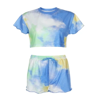Tie Dye Tlač Letné Tričko a Šnúrkou Šortky Dve Kus Ženy Voľné Plodín Top Šortky Oblečenie, Streetwear