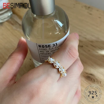 Besimpol Reálne 925 Sterling Silver Ring V Pohode Minimalistický Pearl Flower Nastaviteľné Otvoriť Krúžok Pre Ženy, Luxusné Jemné Šperky