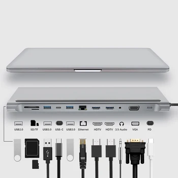 12-V-1 Typ C Rozbočovač USB, C, HDMI, VGA, USB, RJ45 3.1 Porty SD/TF Kariet USB-C Napájanie Doručenia pre MacBook Pro S PD