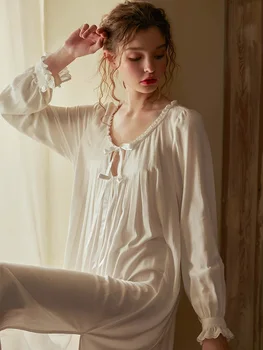 Sladké Biele Bavlnené dámske Nightgowns Mäkké Voľné Viskóza Sleepshirts Elegantný Retro Princezná Čela Dlhé Nočné Šaty Plus Veľkosť