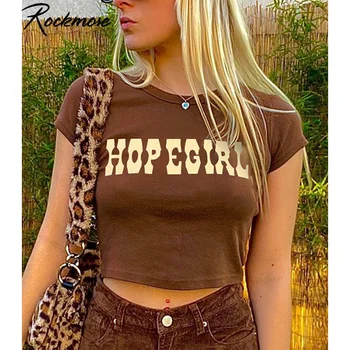 Rockmore Y2K Hnedé List Vytlačené T Shirt Ženy Bežné Krátky Rukáv Plodín Top Streetwear O Krku Tričko Harajuku Topy Čaj v Lete