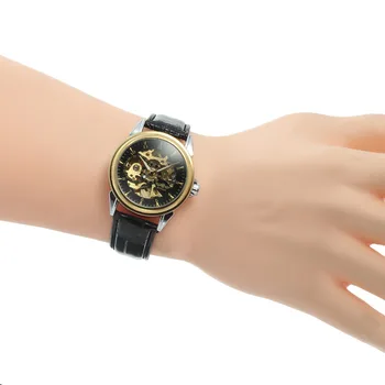 Hot Predaj T-VÍŤAZ Mužov Bežné Hodinky S Golden Bary Index Automatická, Kožený Remienok Kostra Módne Náramkové hodinky WRG8022M3T3