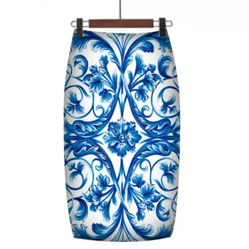 2020 Letné Štýl Ceruzku Sukne Ženy Vysoký Pás Modrej Sukne Vintage Elegantné Bodycon Kvetinový Tlač Midi Sukne
