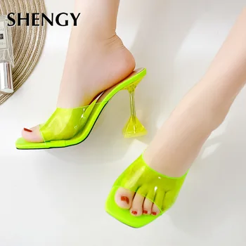 SHENGY 2020 Letné Módy Sexy PVC Papuče, Sandále Otvorené Prst Tenké Päty Ženy Vysokým Podpätkom Pošmyknúť na Topánky dámske Papuče Čerpadlá