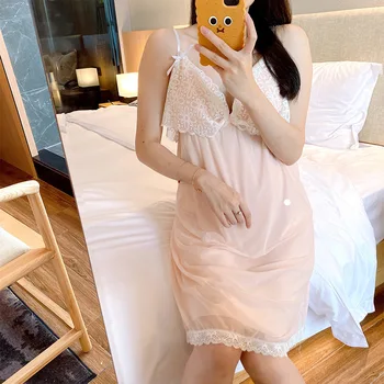 Čipky Patchwork Bavlna 2020 Lete Nové Nightgown Sexy tvaru Backless Nightdress Intímne Bielizeň Voľné Mini Sleepwear S-XL