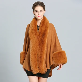 Zimný Kabát 2018 Nové Elegantné Ženy Kožušinový Kabát Faux Fox kožušiny Plášť Cape Módne Hrubé Teplé Kožušiny Šatkou Dlhé Pletené Plášte