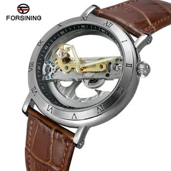 FORSINING Mužov je Nový Unikátny Dizajn, Luxusný Automatický Pohyb Populárny Štýl Originálnym Koženým Remienkom Kostra Náramkové hodinky FSG9418M3