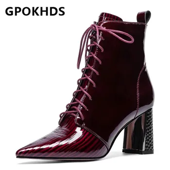 GPOKHDS 2021 ženy Členková obuv Hovädzie kože Zime krátke plyšové Namieril Prst na Zips, Vysoké podpätky, ženské topánky veľkosť 40
