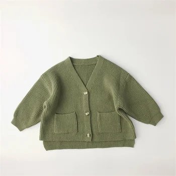 Jar 2021 kórejský štýl, Chlapci tvaru Pletené Vesty Kabát Dievčatá Jedného Prsníka Predné Vrecko Svetre Pre Deti Oblečenie