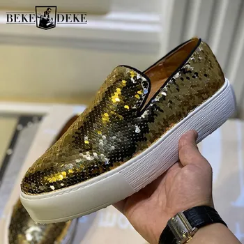 Pánske Zlaté Sequined Luxusné Topánky Trend Lesklé Discolor Hrubé Dno Slip-On Bežné Mokasíny Mužov Platformu Originálne Kožené Topánky