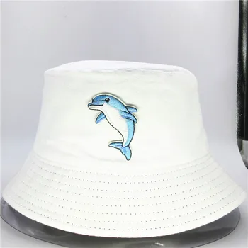 Cartoon dolphin výšivky bavlna Vedierko Hat Rybár Klobúk vonkajšie cestovné klobúk Slnko Spp Čiapky pre dieťa muži Ženy 98