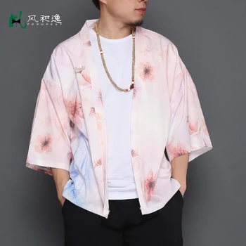 Muži Japonsko Štýl Vzor Tlač Kimono Šaty, Sveter Tričko Bunda Letná Muž Streetwear Bežné Pol Rukávy Tričko Kabát