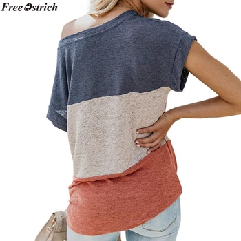 ZADARMO PŠTROSIE ženy prúžok bez ramienok krátke rukávy Tričko Farby zodpovedajúce O-krku topy ležérne módne tričko voľné plus veľkosť T-shirt