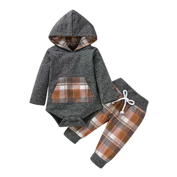 Jeseň zima novorodenca boy šaty, oblek dlhým rukávom golier s kapucňou sveter + kockované nohavice 2 ks kojenecká chlapec oblečenie