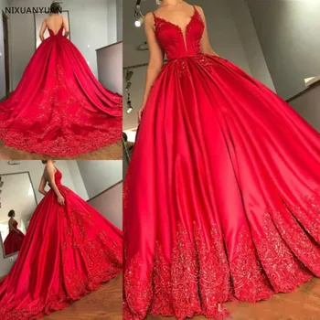 Luxusné Červené A-Line Šaty, Sexy Špagety V Krku Čipky Appliqued Korálky Súd Vlak Formálne Svadobné Šaty Svadobné Šaty