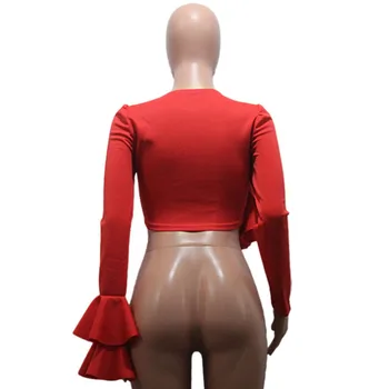 Afriacn Sexy T-Shirt Ženy Red Top Ostrihané Dámy Dlhý Rukáv Asymetrické Pre Nočný Klub Strany Volánikmi Plus Veľkosť Jar