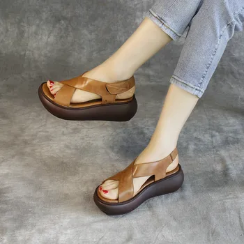 Najlepšie Predaj Hlavy Vrstva Cowhide Letné Topánky Na Platforme Sandále Ženy Sandál Topánky 2020 Lete Ženy Kožené Sandále Kliny Sandále