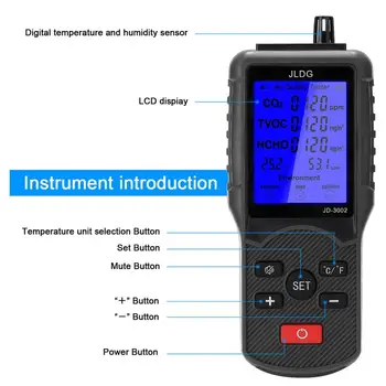 Kvalita ovzdušia Tester detektorov CO2 TVOC Meter detektor teplota a vlhkosť monitor Merací Prístroj s batéria, USB kábel