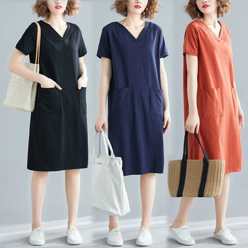 2019 Topy Nový príchod ženy letné bavlnené šaty plus veľkosť XL-3XL 4XL ženy bežné krátky rukáv pevné v-neck voľné šaty