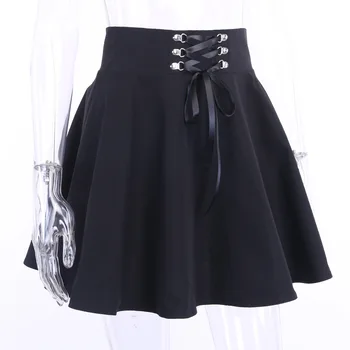 Black Goth Estetické Skladaný Sukne Ženy Mall Goth Pás Popruhy Mini Sukne Punk Tmavé Akademickej Obce Gotický Harajuku Tanec Streetwear