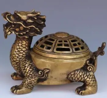 Nádherné Staré Čínske Ručne vyrezávané Dragon Korytnačka Mosadz Kadidlo Horák Lopatku Socha