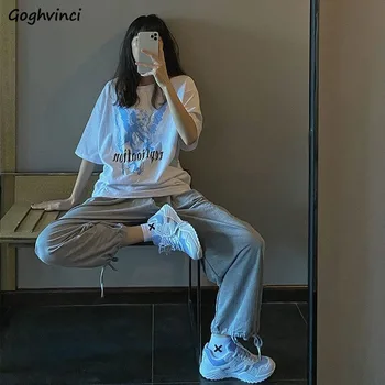 2 Ks Súpravy Ženy Street Style kórejský Harajuku Tlač Teens Cvičenie Oblečenie Bežné All-zápas Top Tee Širokú nohu Vysoký Pás Nohavíc