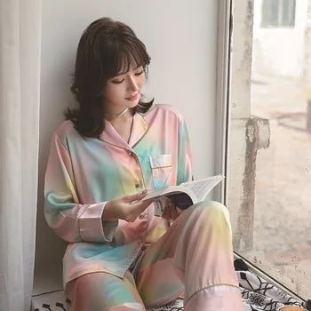 2021 Nové Módne Ženy Pyžamo Čistý Celebrity s Farebnými Ice Hodváb Pyžamo Digitálna Tlač Dlhým rukávom Nohavice Domov Služby