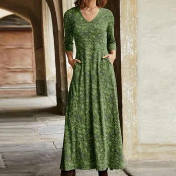 40# šaty vintagen Módne Ženy Kvety Tlače Dlhý Rukáv Bežné Vrecko Voľné Vintage Dlhé Šaty Vestidos Largos De Verano