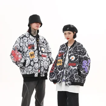2020Smiley Graffiti Baseball Kabát Mužov a Žien Jar Nadrozmerná Streetwear Outwear Coats Hip Hop Stojan Windbreaker prebalu
