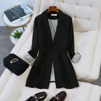Vysoká kvalita bežné žien dlhá bunda oblek čiernej Jesenné a zimné móda plus veľkosť žien temperament dámske sako