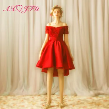 AXJFU princezná červený kvet čipky večerné šaty vintage nevesta loď krku satin vysoké/nízke ruže červenej čipky večerné šaty 2318t