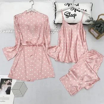 Nové jarné Sexy Pyžamo pre ženy satin noc obleky, dámske Šaty, Ružové Dot-Silk 3 Kusy Odev Špagety Popruh Spánku Salónik