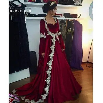 2019 arabčina Dubaj Dlhé Rukávy Večerné Šaty Hot Burgundsko Velvet S Appliques Dlho Vintage Moslimských Party Šaty večerné šaty