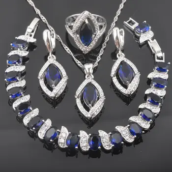 Modrým Zirkónom Pre Ženy Sady Šperkov Crystal Kostým Strieborná Farba Náramok Náhrdelník s Príveskom, Náušnice, Prsteň QS0206